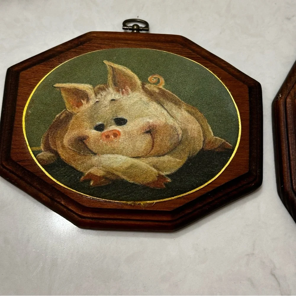 Vintage Wood Plaque Pig Turtle Set Of 2 70s Farmhouse Whimsical